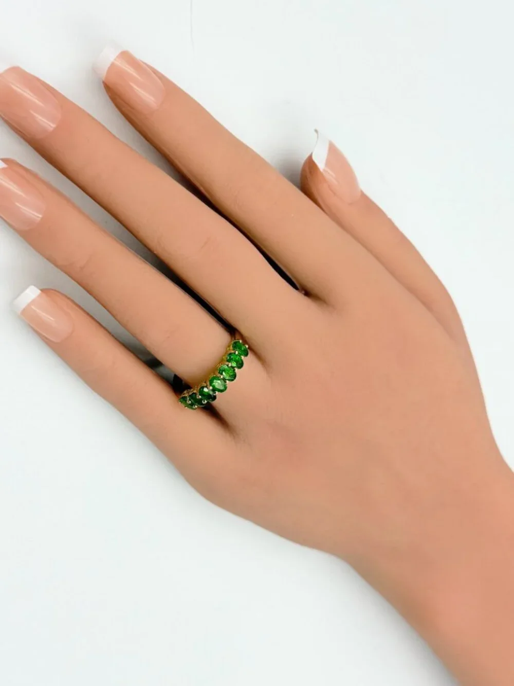 Contemporary Marked Sterling Silver 7 Green Tourmaline Stones Half Eternity Band